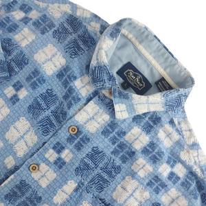 Nat Nast Mens Large Blue Geometric Shape Short Sleeve Button Front 70% Silk Shir